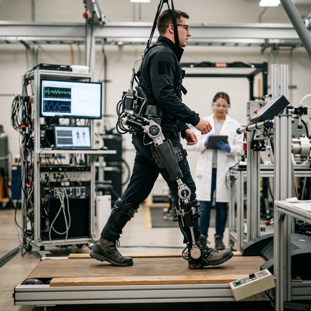 Military infantry operator wearing a complex powered lower body exoskeleton carrying massive heavy logistics payloads uphill