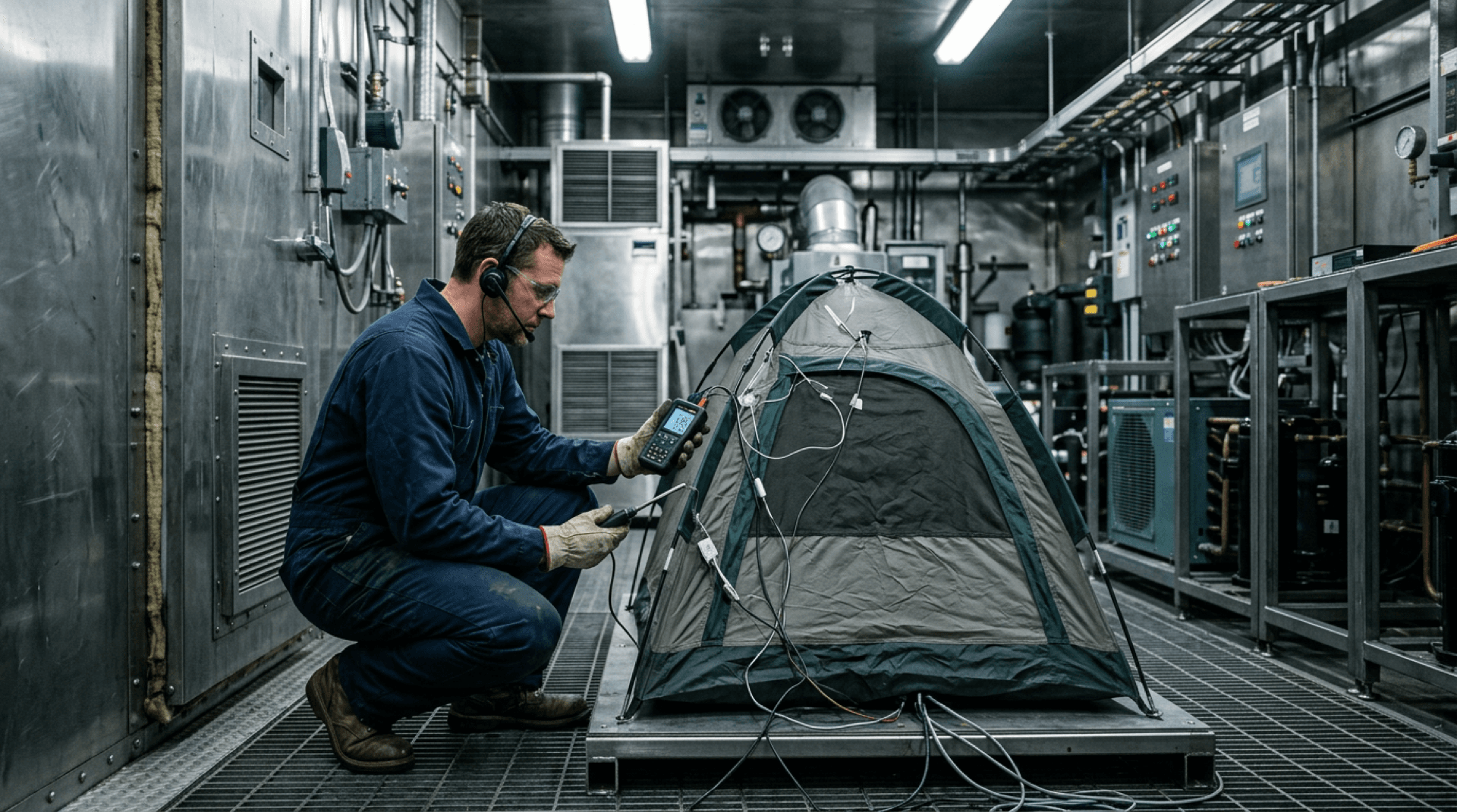 Technician with sensors beside a shelter mockup in a climate test lab