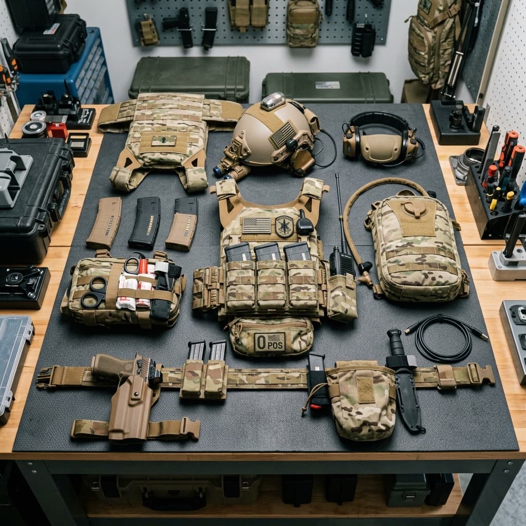 Professional layout of military combat gear, tactical vests, and belts