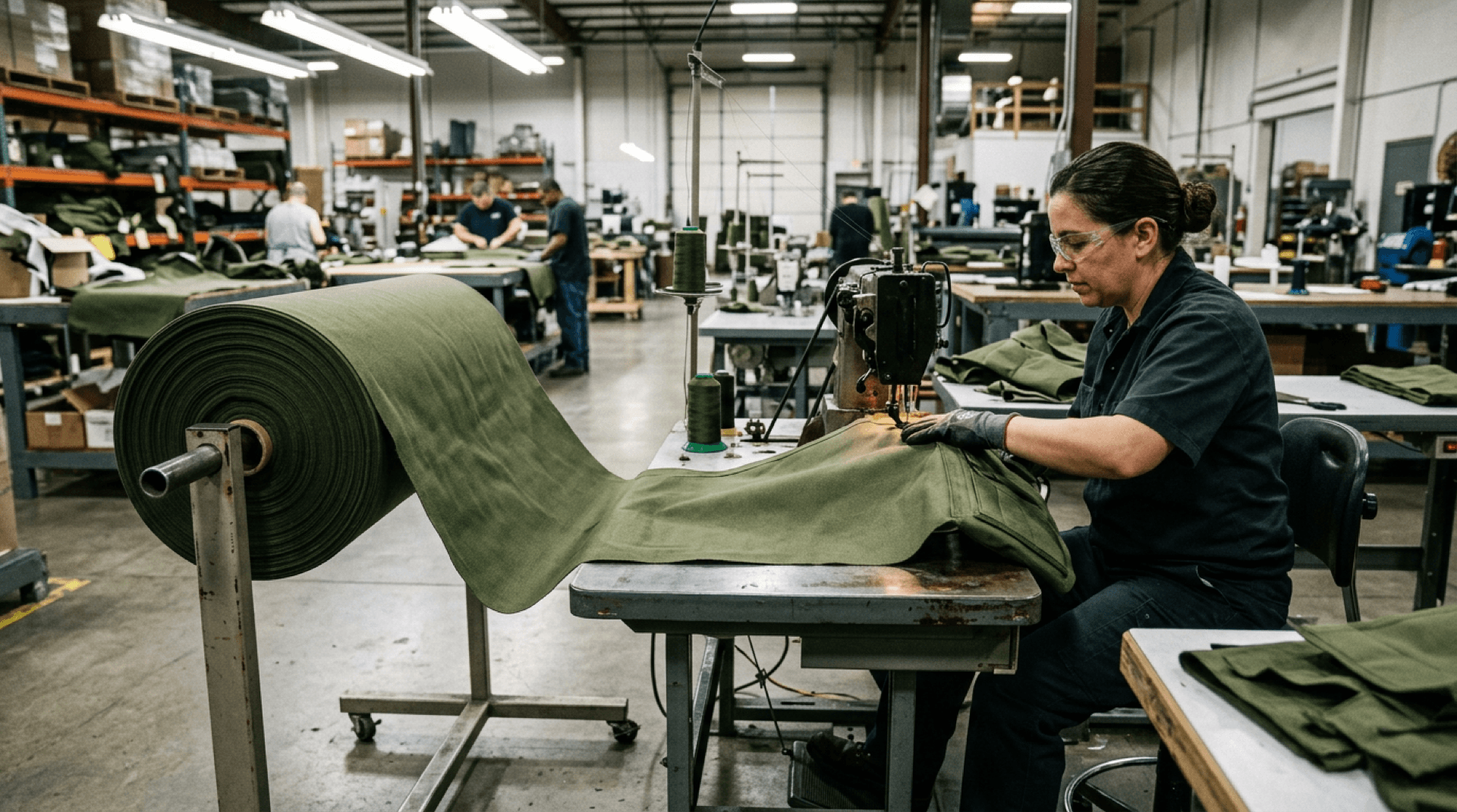 Industrial sewing machine with heavy military fabric roll in a fabrication bay