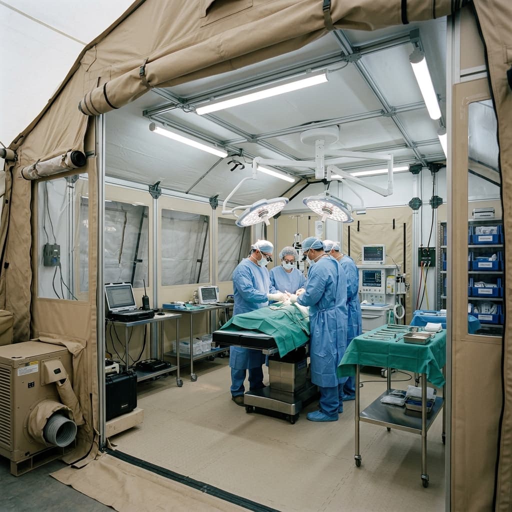Massive sterile modular tent network featuring structured specific patient triage and distinct vast recovery wards