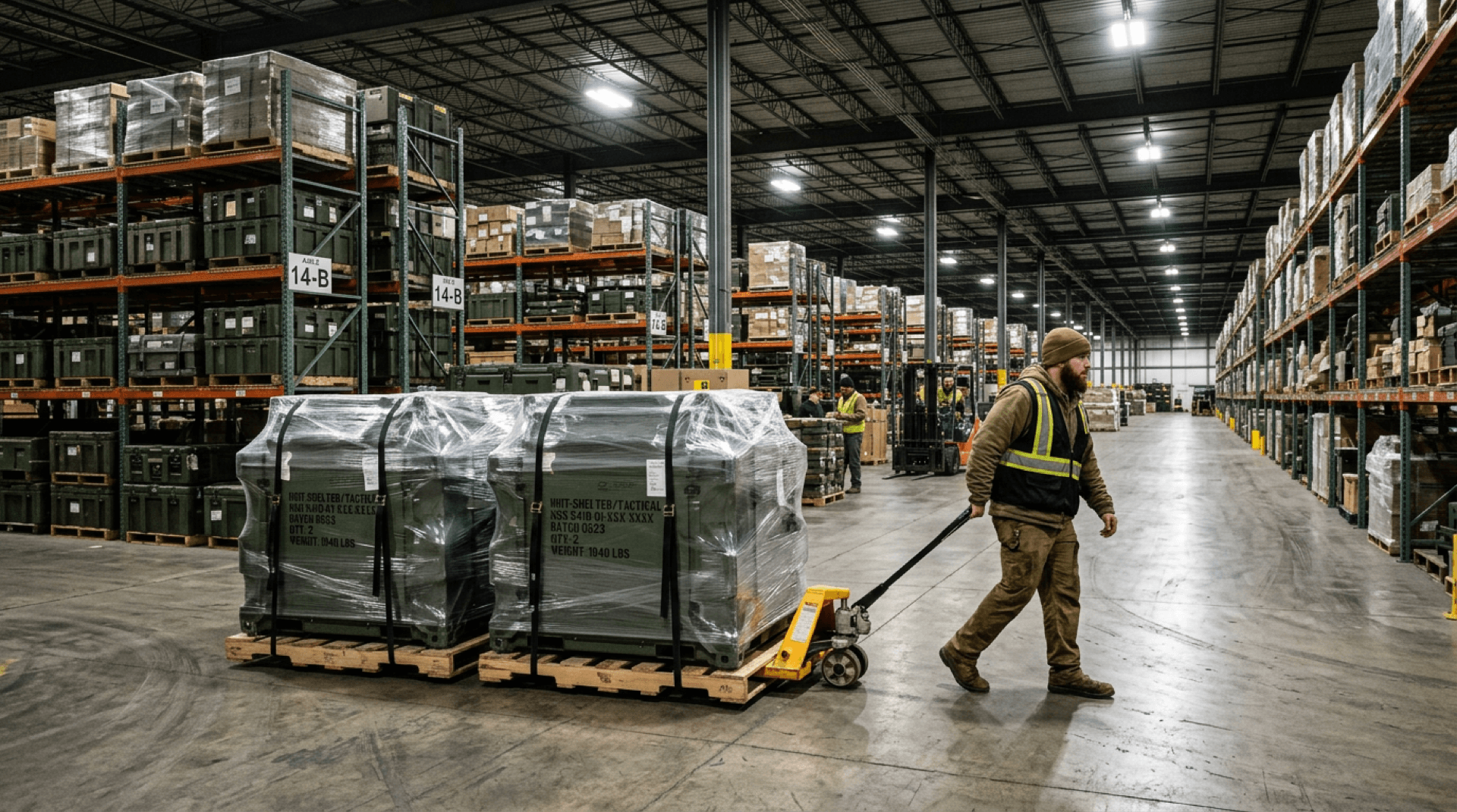 Warehouse aisle with shrink-wrapped shelter modules on a pallet jack