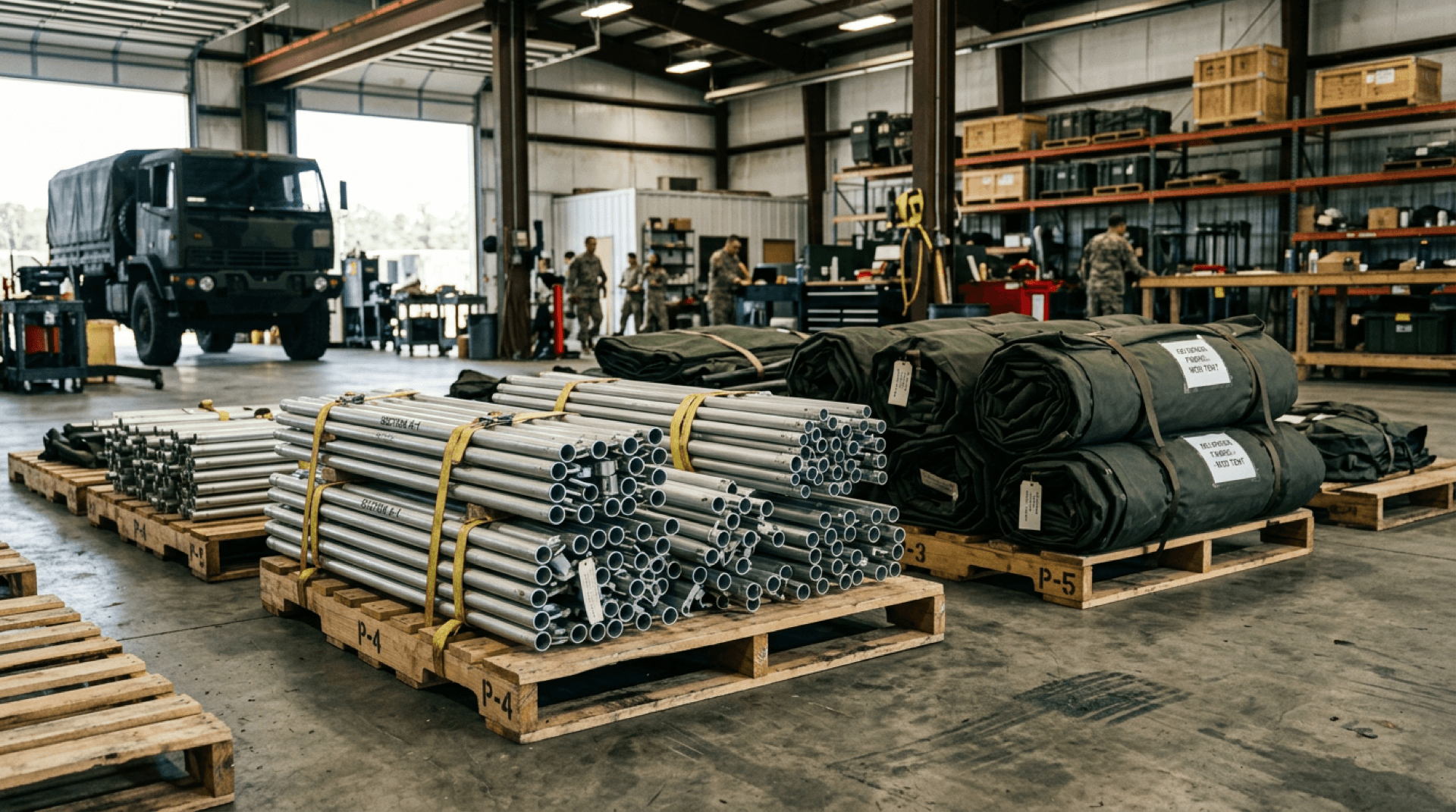 Modular military shelter frame sections and OD fabric bundles staged for assembly