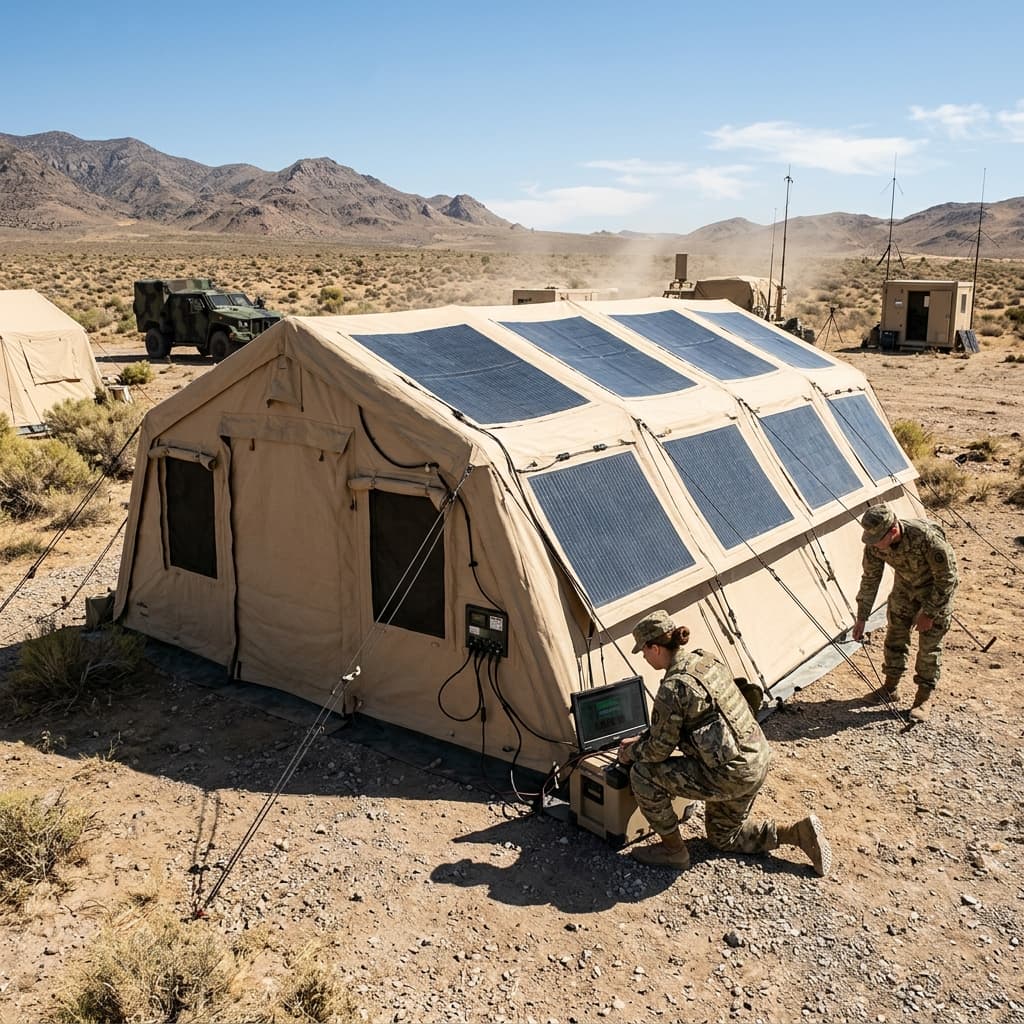 Military tent canopy embedded with flexible solar panels in an arid environment