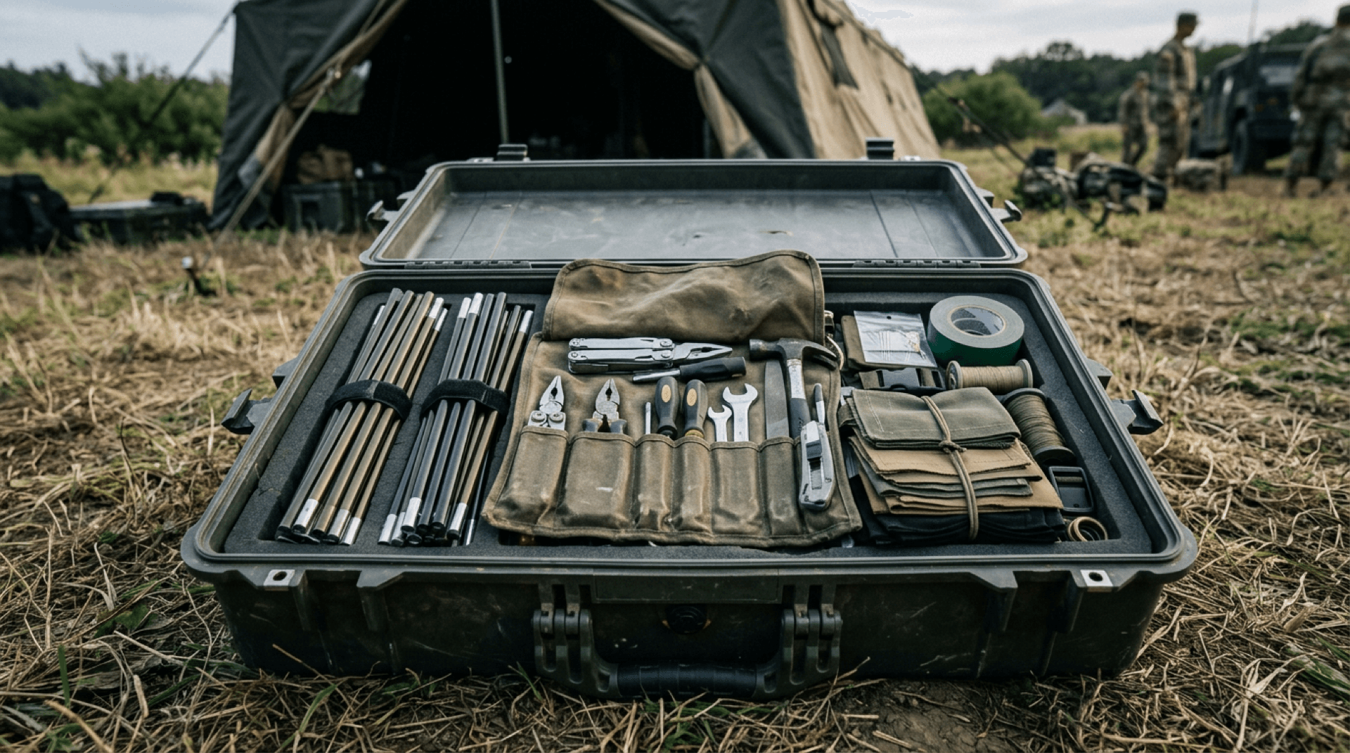 Spare poles, patches, and tools in a tactical field repair kit
