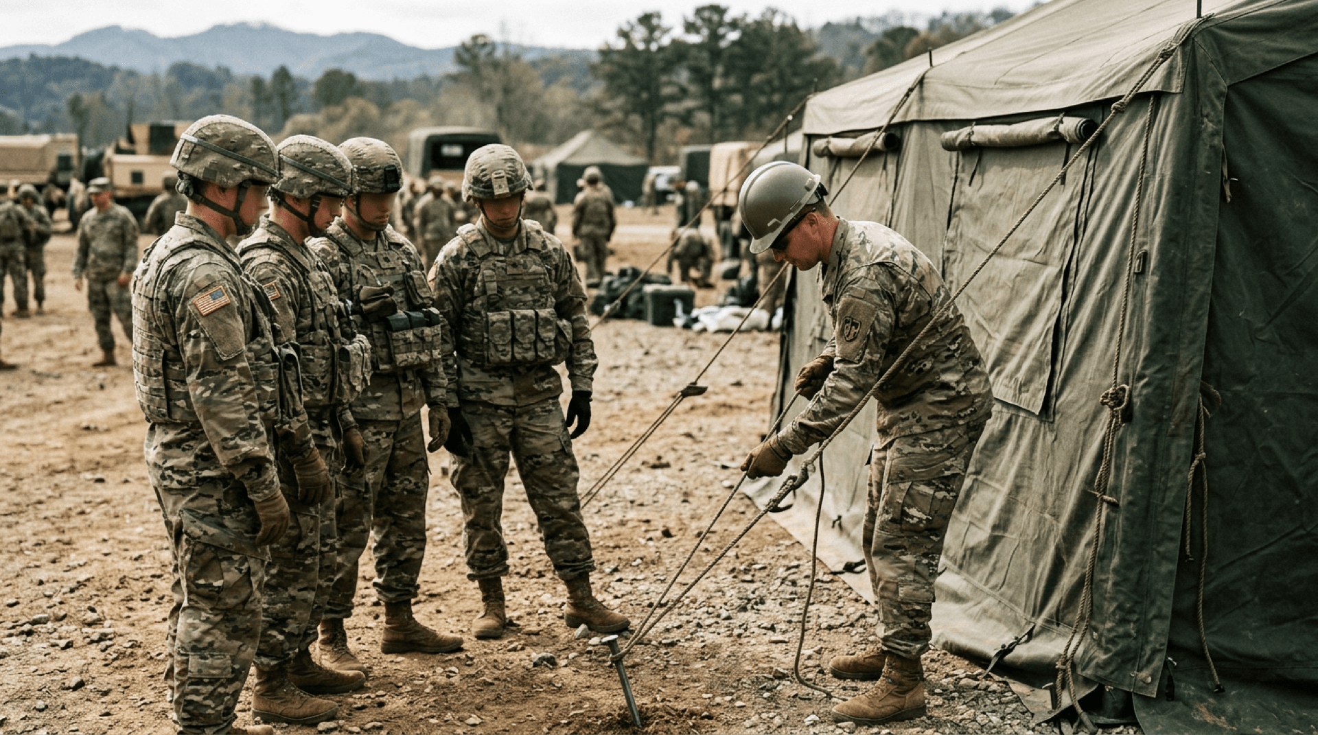Instructor demonstrating guy-line tension beside an erected military shelter