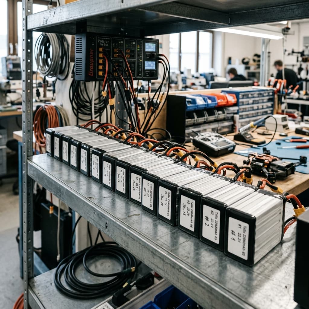 A rugged multi-bay field charging station topping off thick lithium-ion battery cassettes