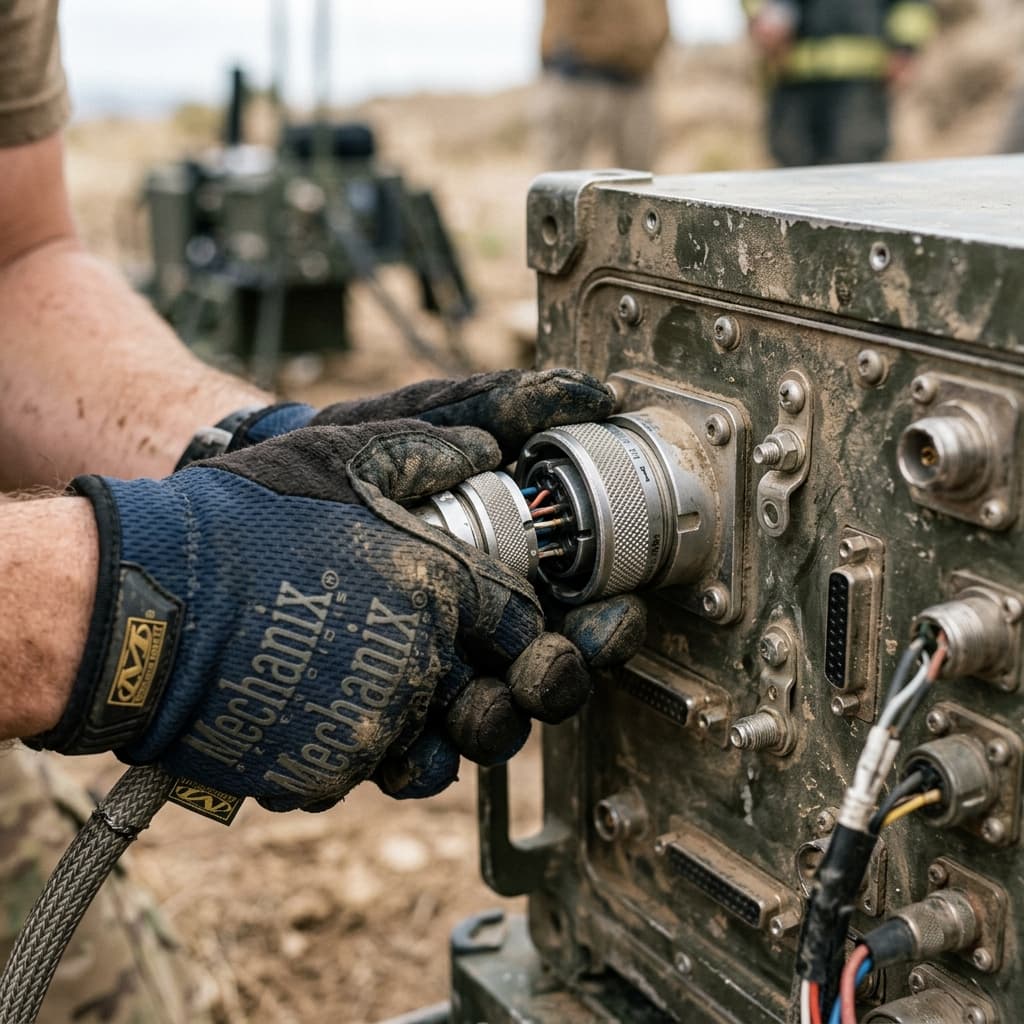 Gloved hands firmly engaging a heavy circular MIL-DTL-38999 connector on a tactical electronics chassis