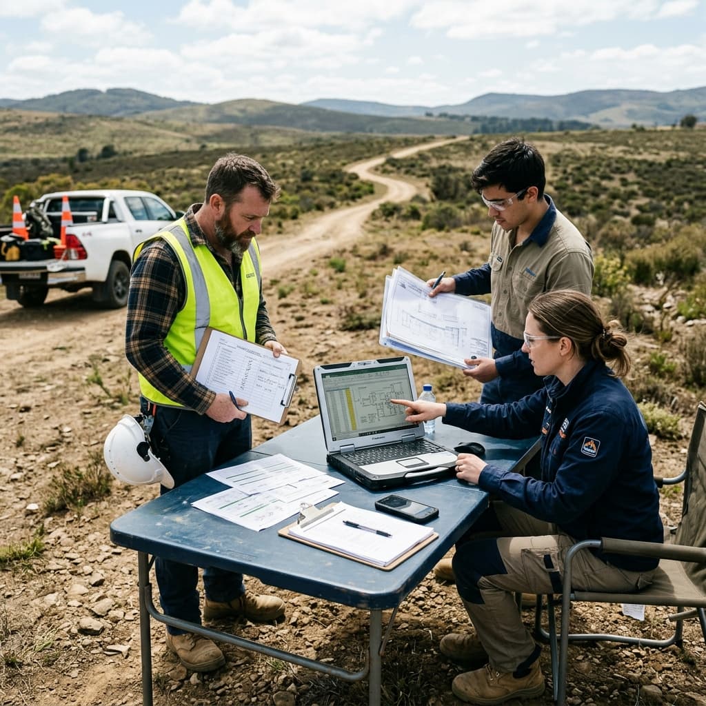 Field engineering team reviewing maintenance records and component logs at outdoor table