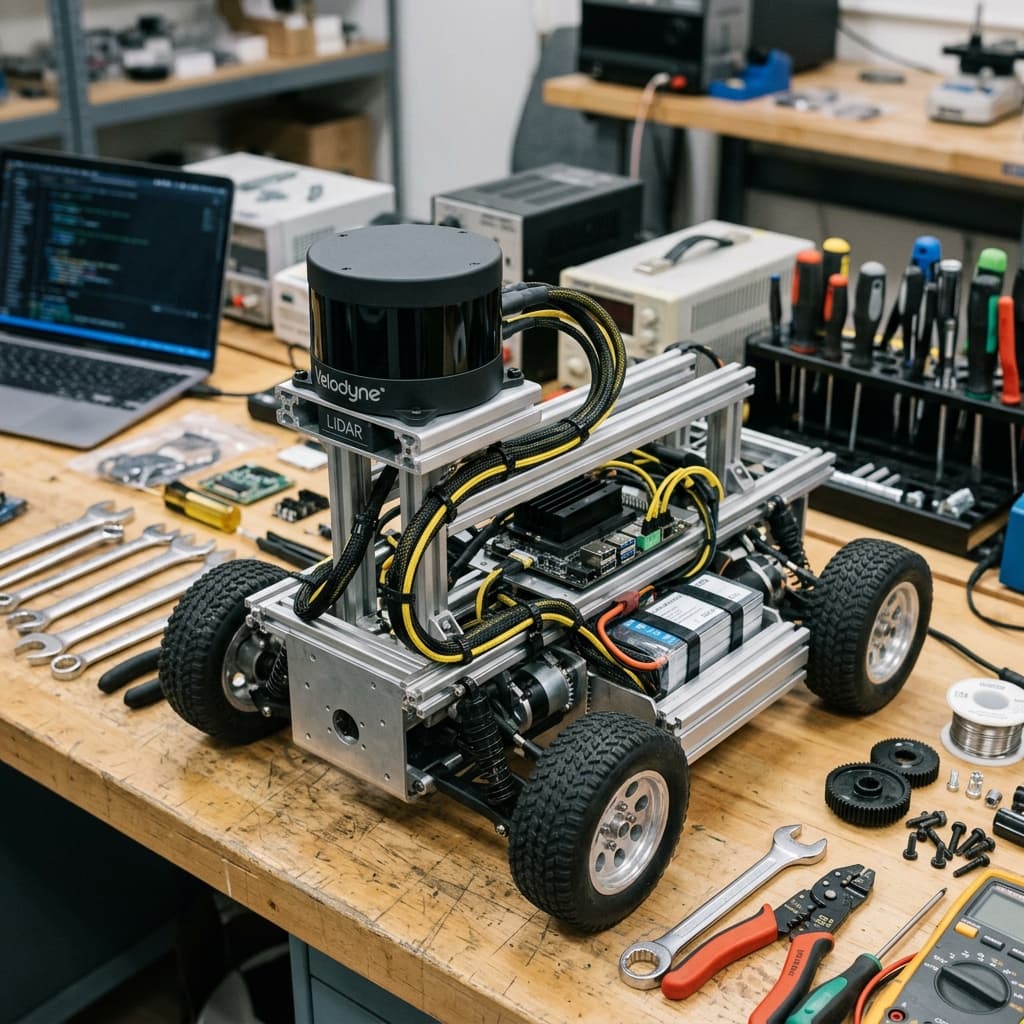 Close-up of a high-speed spinning LiDAR sensor unit capturing dense point clouds