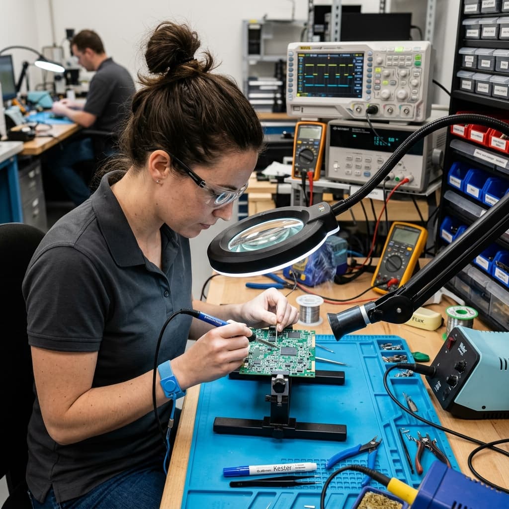 Technician focused on assembling a complex circuit board under bright lighting