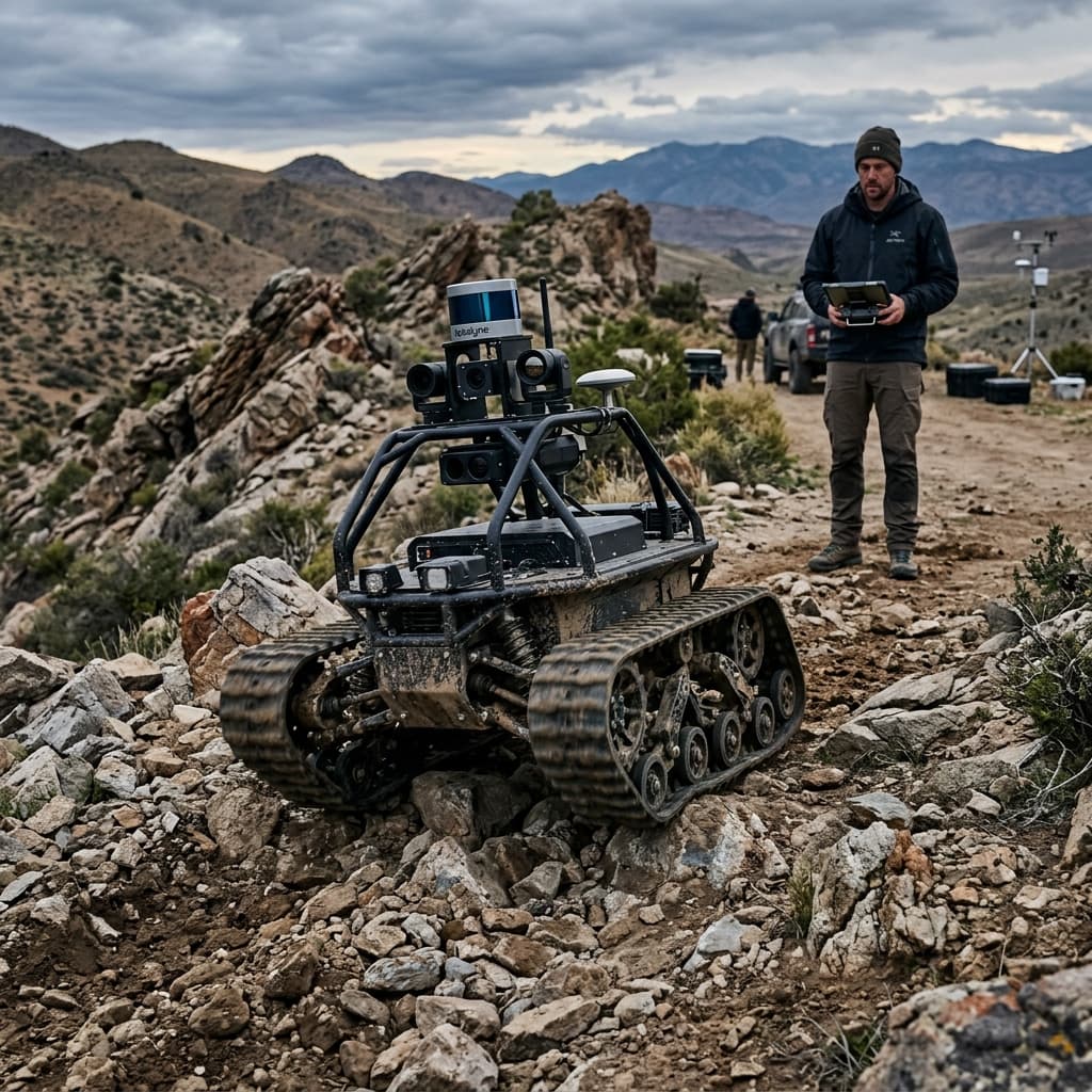 Multiple highly advanced ground robots securely navigating an open field in a tight tactical formation