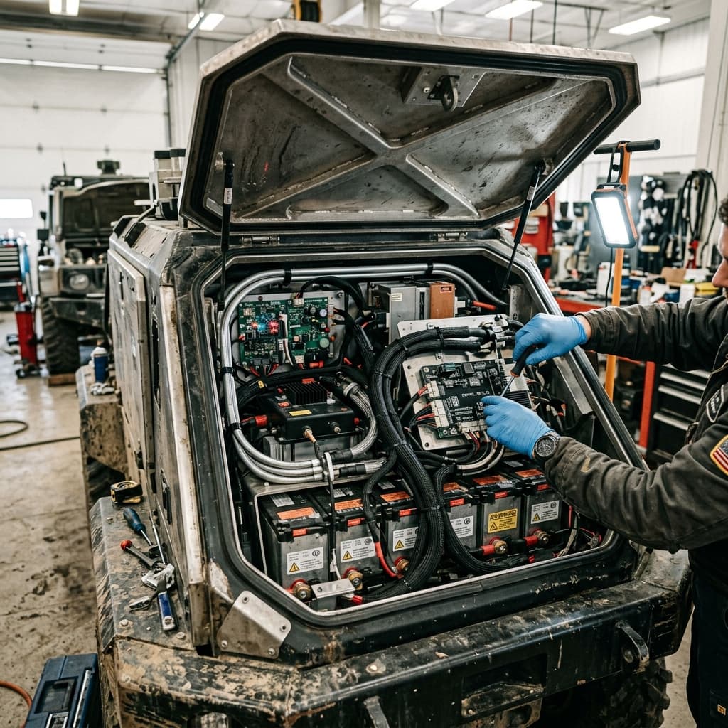 Open payload bay of an autonomous vehicle showing complex wire harnesses routing to quick-disconnect bulkheads