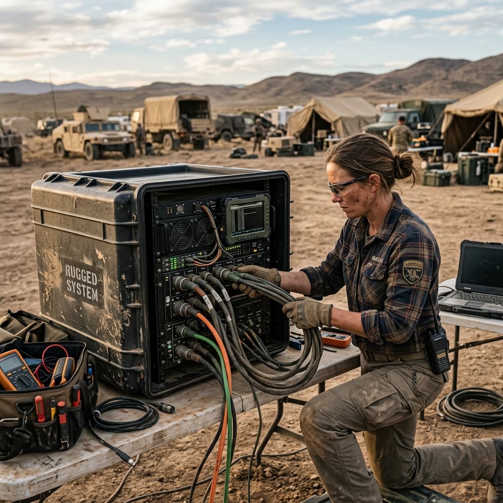 Rugged server chassis mounted in a transit case out in an arid field environment