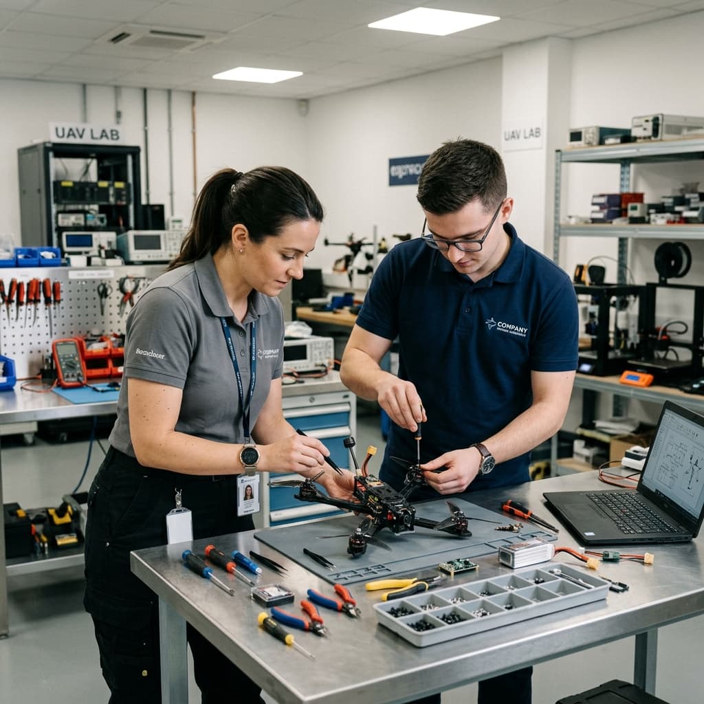 Engineers conducting scheduled maintenance on a UAV at a workbench with documentation